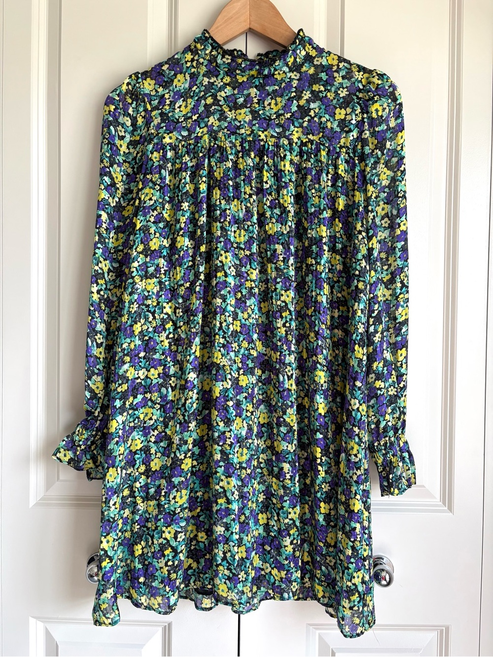 Zara Floral Mock Neck Babydoll Mini Dress in Black Purple Yellow Green Small